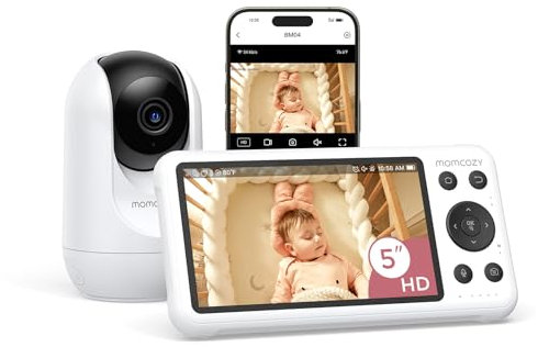 Momcozy - Monitor intelligente WiFi per bambini con fotocamera e audio, visualizzazione 1080P da 5 pollici con montaggio a parete, rilevamento di movimento e pianto, recinzione sicura, visione