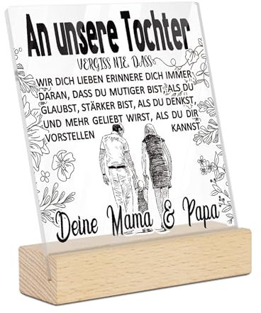 Putuo Decor Acryl Tischdeko mit Herzensbotschaft an Tochter - Persönliches Geschenk von Mama & Papa für Geburtstag, Weihnachten, Einschulung - Familiendeko mit Motiv & Holzsockel