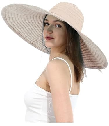 Damen-Sonnenhut mit breiter Krempe, UV-Schutz, extra groß, faltbar, übergroße Strandhüte für den Sommer, LSF 50+, Beige, Einheitsgröße