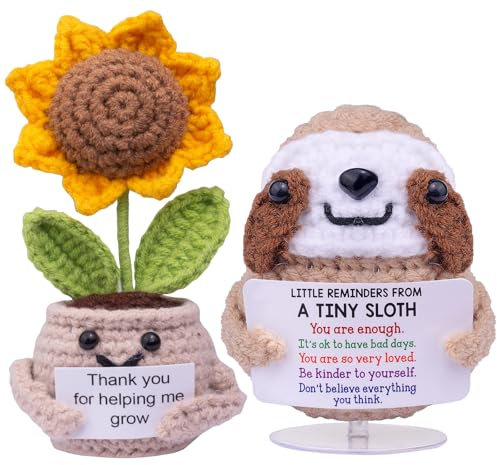 CoFuBcad Lustige Positive Häkel-Faultier-Sonnenblumen-Puppe mit positiver Karte, gestrickte Sonnenblume, emotionale Unterstützung, Plüsch, lustige Ermutigung, Geschenke für Frauen, Männer, Geschenke,