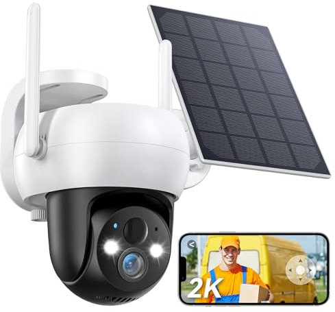 2K Solaire Camera Surveillance WiFi Exterieure sans Fil, 360° PTZ Caméra de Surveillance Extérieur avec Panneau Solaire 2.4Ghz WLAN Vision Nocturne Couleur, Alarme PIR, Audio Bidirectionnel