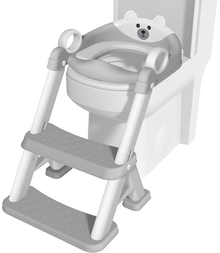 Gliizee mall Riduttore per WC, sgabello per bambini, scaletta 2 in 1, per bambini e bambine, comodo vasino portatile pieghevole, altezza regolabile, maniglie sicure, paraspruzzi grigio