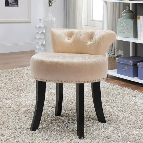 Warmiehomy Makeup Vanity Stool Chair for Bedroom Dressing Table Velvet Dressing Table Chair with Tufted Back, Solid Wooden Legs, Champagne