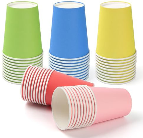 PARTY GO 50 Pcs 9 Multi-Color Paper Cups for Dinner and Dessert, Disposable Plates Party Supplies Pack for Graduation Holiday Wedding Birthday Party Decorations (Red Yellow Blue Green Pink)