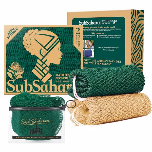 SubSahara Authentic African Net Sponge, 2 Pack 45-Inch Exfoliating Bath Sponge and Shower Loofah for Body and Back, Colorfast Quick-Dry Knotted Mesh Scrubber with Travel Pouch (Golden & Forest Green)