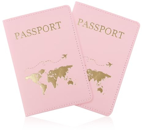 FuninCrea Reisepass Halter, PU Leder Reisepass Abdeckung Reise Geldbörse mit Mehreren Slots, schlanke Reisepasshülle Geldbörse mit goldenem Muster für Reisepaß, Visitenkarten (Rosa+Rosa)
