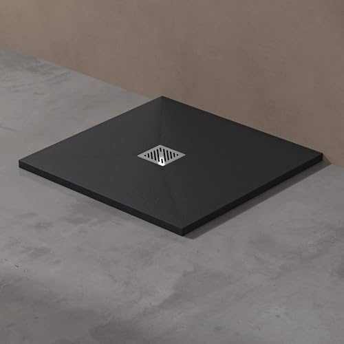 doporro Duschwanne Duschtasse 80x80x3cm aus Mineralguss in Anthrazit | Quadratisch Duschwanne für bodenebene Montage mit DIN-Anschlüssen – stabil & pflegeleicht für moderne Duschen Geoma09