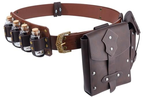 DICOSMETIC Renaissance Wikinger Gürtel Zubehör Mittelalter Alchemie Gürtel Taille mit 4 Stück Trankflaschen für Festival Cosplay Halloween Kostüm Braun