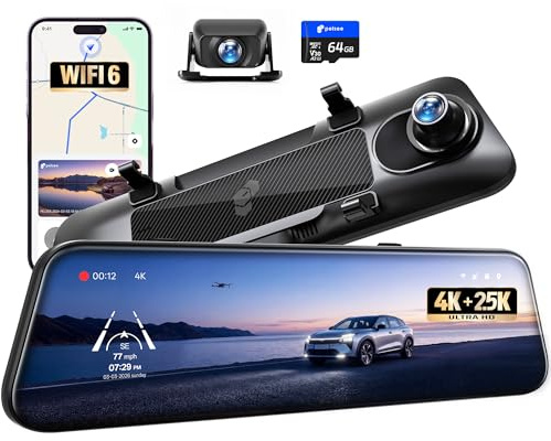Pelsee S12 Native 4K +2.5K Mirror Dash Cam, WiFi 6 30MB/s Download, Rear View Mirror Camera Backup Camera for Car Truck SUV, Dual HDR, Telephoto Front Camera, Full Color Night Vision, 64G Memory Card