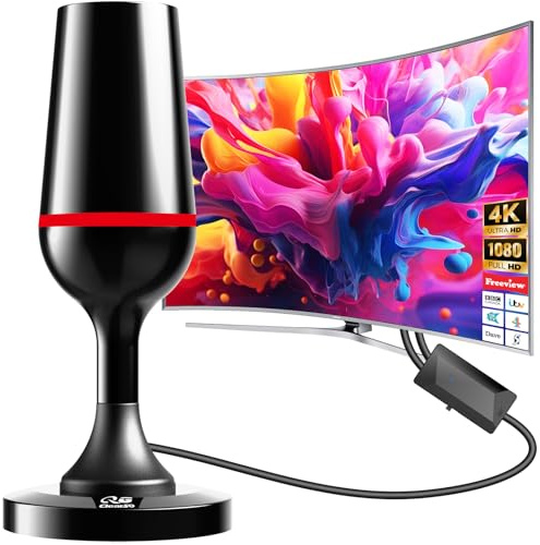 Indoor TV Aerial, 360° Reception TV Aerial Indoor with Signal Booster, Magnetic Base Freeview Aerial, Support 4K/1080P VHF/UHF Channels for All UK TVs