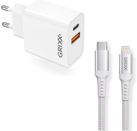 GRIXX Apple Ladegerät Bundle – 20W USB-C Schnellladegerät + Lightning auf USB-C Kabel 2 Meter – MFi – Power Delivery – Geeignet für iPhone & iPad