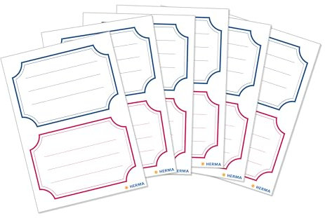 HERMA 5781 Buchetiketten zum Beschriften neutral blau roter Rand, 12 Stück, 78 x 53 mm, selbstklebend, liniert, Buchaufkleber für Schule Kinder Mädchen Jungen, blanko Heftetiketten Aufkleber, weiß