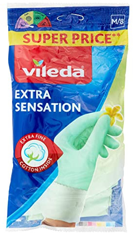 Vileda Extra Sensation, guanti in lattice con rivestimento interno in cotone, massima sensibilità al tatto, adatto per lavori domestici delicati, vestibilità aderente, 3 misure: S-M-L, confezione da 2
