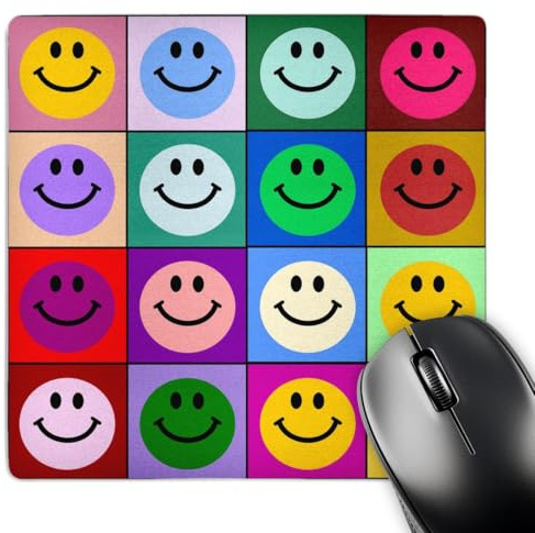 3dRose mp_113153_1 8 x 8-Inch Colorful Smiley Face Squares Warhol Style - Happy Rainbow Smilies - Bright Multicolored Multicolor Mouse Pad