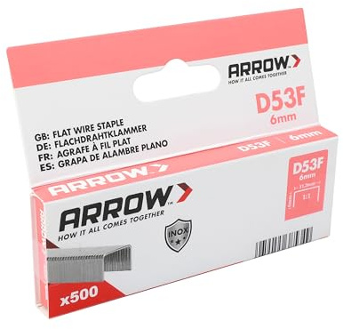 Arrow Flachdrahtklammer D53F 6mm V2A, 500 Stk. Edelstahl Tacker-Klammern, rostfrei, für Handtacker, Elektrotacker und Akku-Tacker, ideal zur Anwendung im Außenbereich