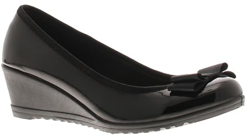 Platino Henrietta Women's Black Shoes - Comfortable Work Slip On, Ladies Slip-Ons with 5cm High Heel, Sleek Wedge Shoes with Ribbon, Perfect Platforms for Work Black Patent 5 UK