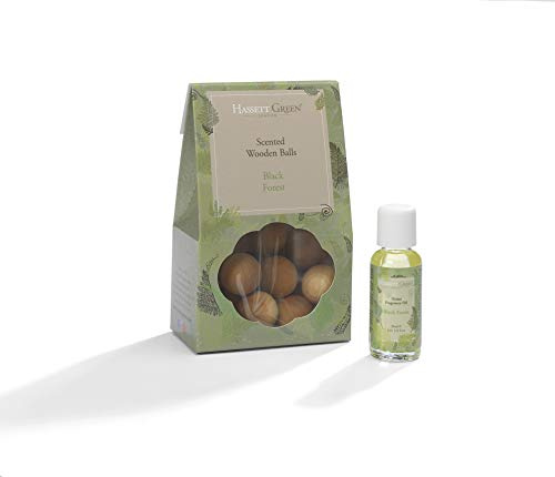 Hassett Green London - Black Forest Pine & Eucalyptus - Scented Wooden Balls Pack of 12 plus 30ml Bottle of Home Fragrance Oil for Refreshing - Alternative to Pot Pourri, Diffusers and Drawer Liners