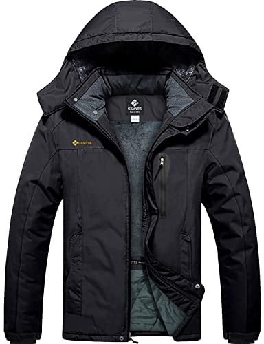 GEMYSE Herren Outdoor-Skijacke Wasserdicht Winddicht Winterjacke Fleece mit Kapuze für den Berg (Pures Schwarz,M)