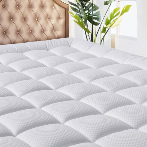 MATBEBY Bedding Quilted Fitted Mattress Pad Cooling Breathable Fluffy Soft Stretches up to 21 Inch Deep, Queen Size, White, Mattress Topper, Protector