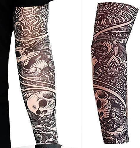 2 x Tattoo-Armstulpen Fake-Nylon-Elastikstrumpf voller Arm Totenköpfe Halloween dehnbar für Erwachsene zum Hineinschlüpfen Biker Gothic Rosen Stammes Kostüm (Adults)