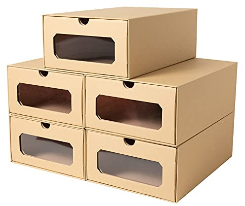 5 x PresentFill® Aufbewahrungsbox - Natur - Made in Germany - Schuhbox Schuhkiste Schuhschachtel Schuhkarton Ordnungsboxen durchsichtig transparent Sichfenster stapelbar aus Pappe