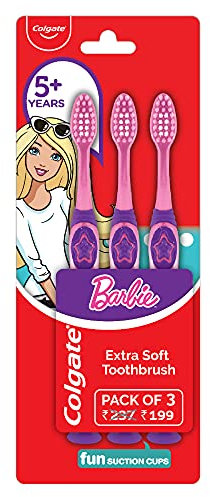 Colgate Barbie-Zahnbürste für Kinder, extra weich, mit Zungenreiniger, 3 Stück, Handbuch für Kinder, mehrfarbig