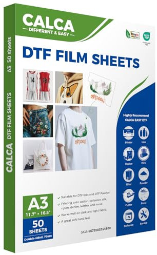 CALCA Premium DTF Transferfolie A3 PreTreat PET Heat Transfer Paper Sheets Direct to Film for DIY Direct Print T-Shirts Textil - 50 Blatt (doppelseitig)