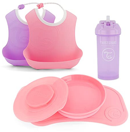 Twistshake Messy Free Mealtime Kit de Vajilla, 5 st - 1x Mantel Individual Placa, 1x Plato, 2X Baberos, 1x Vaso con Pajita, 6+ Meses, Chica
