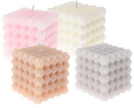 Echtwachs Würfelkerze 4er Set in Pastell Farben - je 6 x 6 cm - Stumpenkerze im Waben Design - Deko Wachs Kerze Würfel Wabe je 1x weiß rosa aprikot hellgrau für Tischdeko Adventskranz Weihnachtsdeko