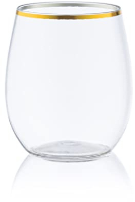 DECORLINE Verres à vin plastique sans pied | 355 ml lot de 24 | Gobelets à vin réutilisables | Verres à boire sans BPA | Idéal pour le vin rouge et blanc, le cocktail - Transparent avec bordure dorée