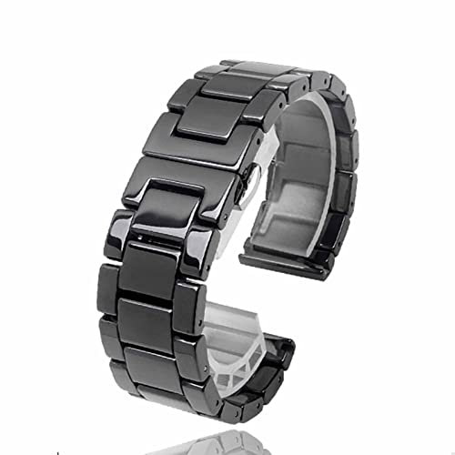 Eivdru Keramik-Uhrenarmband, hochwertig, poliert, zweifarbig, silberfarben, Faltschließe, Schwarz und Weiß, 18 mm, Schwarz