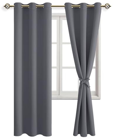 JIUZHEN Verdunklungsvorhänge mit Raffhalter Grau Vorhang Blickdicht Gardinen Ösenvorhang für Schlafzimmer Thermovorhang Wohnzimmer, 2 Stück, 228x117cm(HxB)