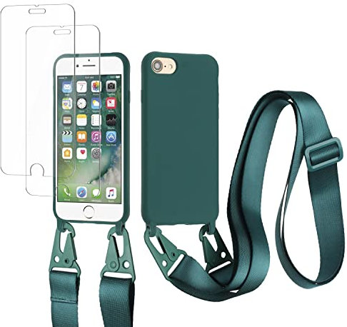 vrupin kompatibel mit iPhone 6/6S/7/8 Handykette Hülle,[2 Stück Schutzfolie 9H Härte Gehärtete Folie].Necklace Hülle Nylon Schultergurt Weich Flüssiges Silikon-Dunkelgrün
