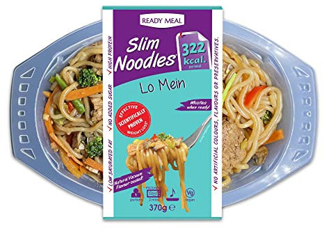 Slim Chilled Lo Mein Noodles - Fat & Sugar Free Chow Mein, Suitable for Vegan, No Artificial Flavours & Preservative, High in Protein, Microwavable Meal | Ready to Eat (370g) Pack of 4