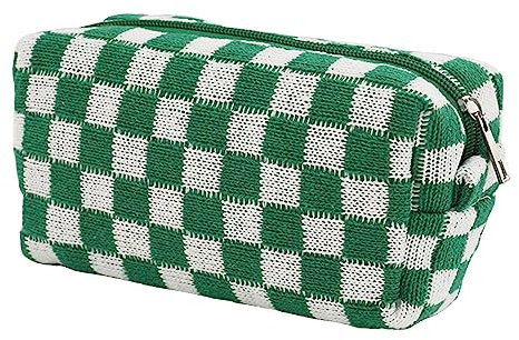 Kosmetiktasche Klein Make Up Organizer Schachbrett Schminktasche Make Up Tasche Travel Essentials Mäppchen Federmäppchen Pencil Case (Grün+Weiß)