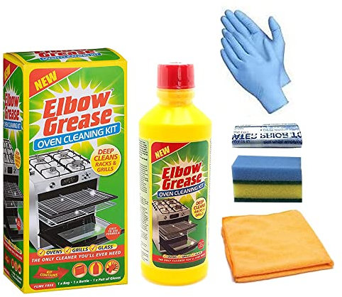 Elbow Grease Oven Cleaner Kit | Complete Oven Cleaning Kit with | 1 x 500ml Bottle, Bags, and Gloves | 1 x Ultra Absorbent Cloth | 2 x Sponge | For domestic ovens and BBQ