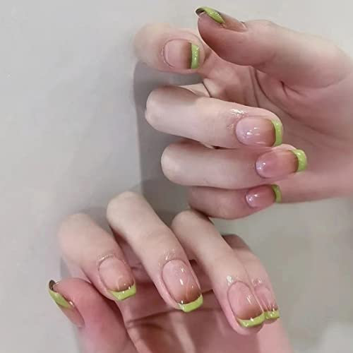 Green Celadon French Tip Press on Nails with Glue,Glossy Nude Short Medium Square Fake Nails,Stylish Y2k Aesthetic False Nails with Design,Preppy ABS Resin Acrylic Stick on Nails for Women Girls 24Pcs