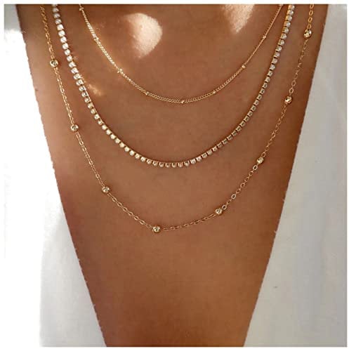 Dervivea Boho Layered Rhinestone Multi Layer Crystal Chain Choker Necklace - Gold Satellite Chain Necklace Jewelry for Women and Girls