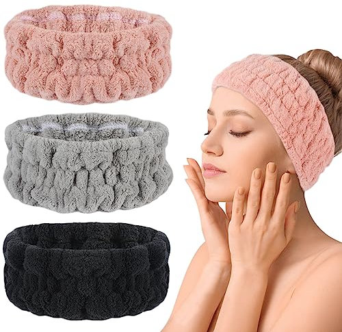VIVOTE Mikrofaser Kosmetik Stirnband, Spa Gesicht Stirnband für Schminken und Waschen Gesicht Frauen, Yoga und Sport Haarschutz Kopftuch für Mädchen, waschbar 3 Stück (Rosa, Schwarz, Hellgrau)
