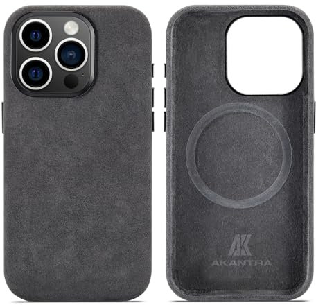 AKANTRA Alcantara Hülle für Apple iPhone 15 Pro Max, handgefertigte, vollständig umwickelte synthetische Wildlederhülle, kompatibel mit Magsafe Wireless Charging (iPhone15 Pro Max, Schwarz)