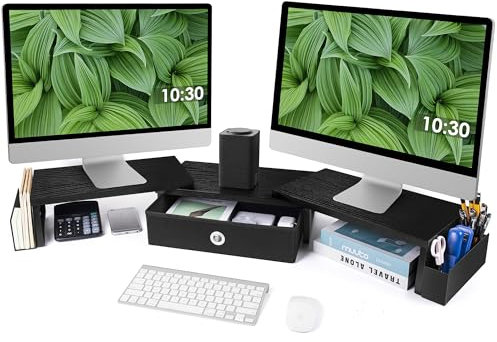 Supporto per doppio monitor con cassetto e gamba in metallo, grande supporto per monitor con spazio per 2 monitor, mensola da scrivania per monitor con lunghezza e angolo regolabili, organizer da