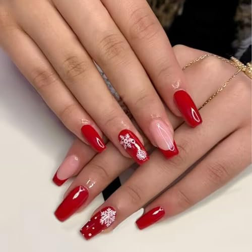JUSTUSNX 24pcs Square Noël faux ongles rouge longs faux ongles flocon de neige presse sur les ongles pour les femmes et les filles (A)