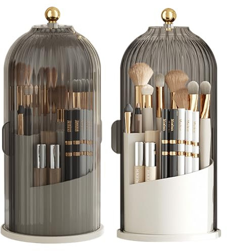 Makeup Brush Holder, 360° Rotating Makeup Organiser High Capacity Acrylic Makeup Brush Organiser Cup With Dustproof Lid 24cm Height, Makeup Container Storage (Pure white + lid transparent black)