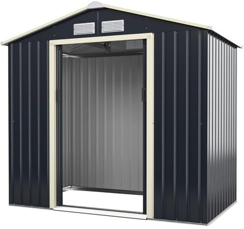 GiantexUK 7x4FT/9x6FT Metal Garden Shed and Extension Kit, Outdoor Galvanized Storage House with 4 Vents & Lockable Sliding Doors, Slope Roof Utility Shed Building (7x4FT Shed)