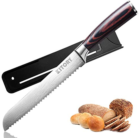 Kitory Brotmesser mit Wellenschliff Klingenlänge 20 cm, Profi Brotmesser mit Klingenschutz, Deutsch Edelstahl, Ergonomischem Holzgriff