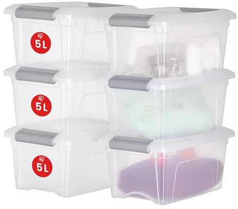 Iris Ohyama Aufbewahrungsboxen mit Deckel, 5L, 6er-Set, Silber, Sicherer Verschluss, Stapelbar, Griffe, Schlafzimmer, Schrank, Büro, Organisation, BPA-freies Plastik, Ordnungsboxen, NTB-5