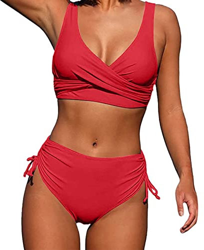 Generisch Leicht Strandbikini V Ausschnitt Überkreuztes String Rückenfrei Tankini Push Up 2-Stücke Sexy Schwimmen Badeanzüge Urlaub Stil Strand Bikinis Damen Bikini Set Zweiteiliger (ZiA-Red, S)