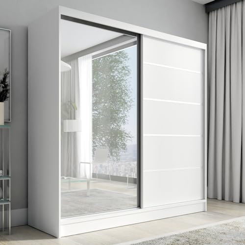 A&J MöbelLand Schwebetürenschrank mit Spiegel, 2 Türen, 200 cm, Weiß (Weiß)