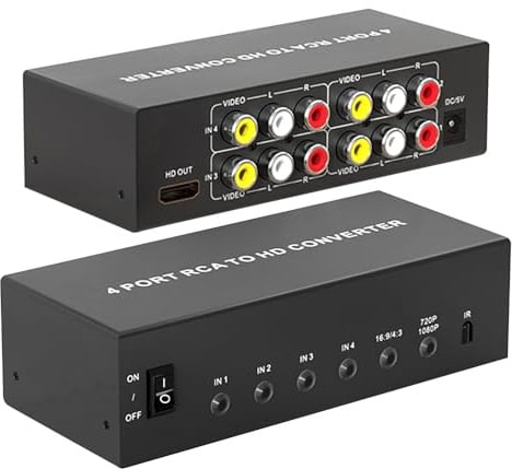 LUKFOCAB AV-zu-HDMI-Konverter mit 4 Anschlüssen, 1080P, passend für RCA/Composite/CVBS zu HDMI-Konverter-Adapter, unterstützt 16:9/4:3 Switch, kompatibel mit Wii N64, PS1, PS2, PS3, VHS, VCR,