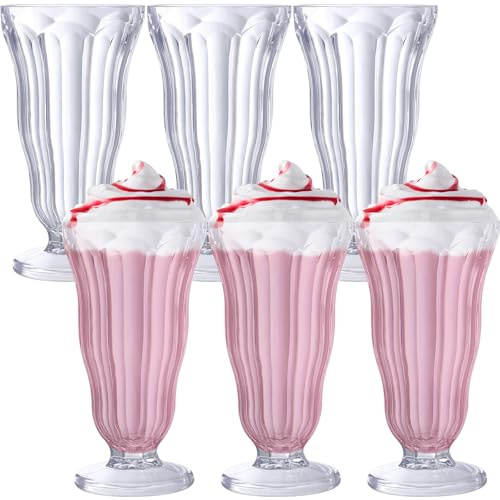 Mifoci 6 Pcs Milkshake Glasses 16 oz Old Fashioned Soda Glasses Footed Ice Cream Cups Clear Thick Plastic Fountain Cups for Juice Sundae Milk Tropical Drinks Party